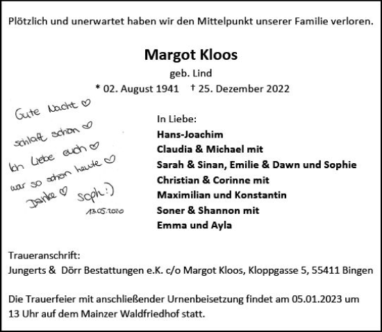 Traueranzeige von Margot Kloos von vrm-trauer AZ Mainz