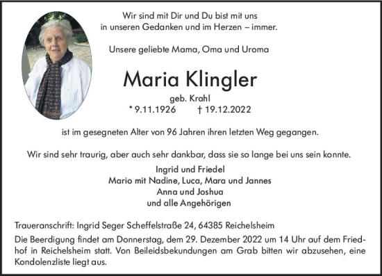 Traueranzeige von Maria Klingler von vrm-trauer Odenwälder Echo