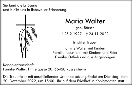 Traueranzeige von Maria Walter von vrm-trauer Rüsselsheimer Echo / MainSpitze