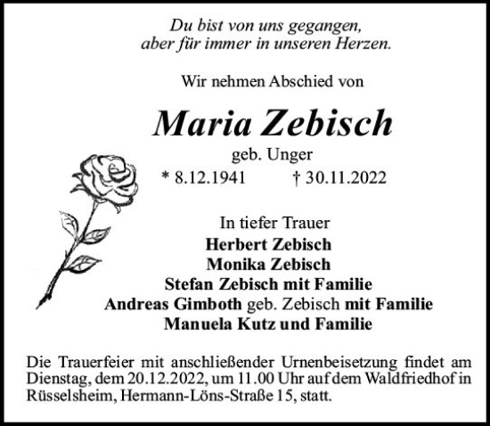 Traueranzeige von Maria Zebisch von vrm-trauer Rüsselsheimer Echo / MainSpitze