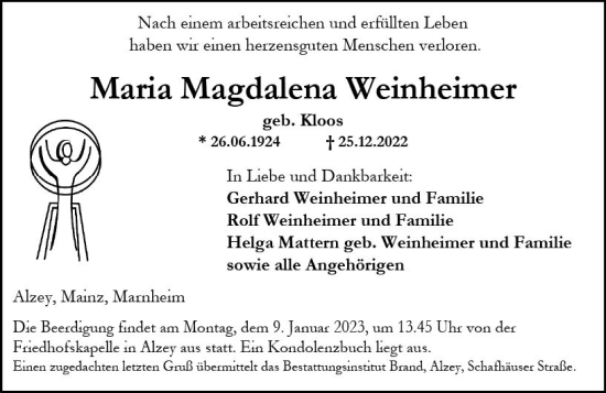 Traueranzeige von Maria Magdalena Weinheimer von vrm-trauer Allgemeine Zeitung Alzey