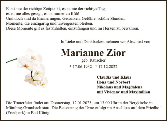 Traueranzeige von Marianne Zior von vrm-trauer Odenwälder Echo