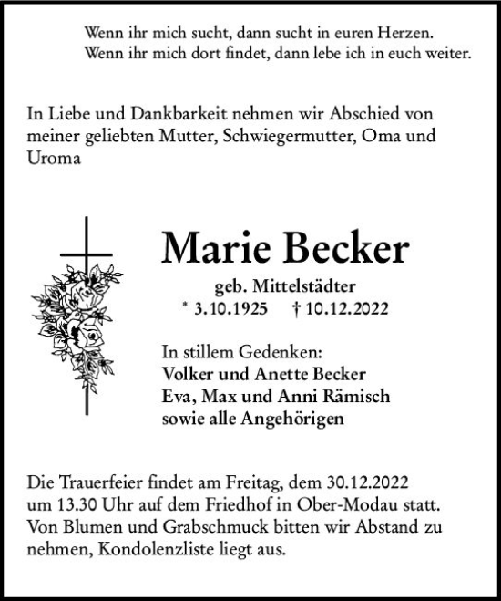 Traueranzeige von Marie Becker von vrm-trauer Darmstädter Echo
