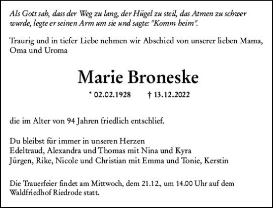 Traueranzeige von Marie Broneske von vrm-trauer Bürstädter/Lamperth. Ztg/Starkenburger