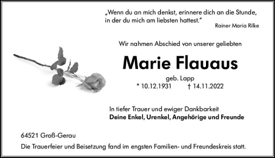 Traueranzeige von Marie Flauaus von vrm-trauer Groß-Gerauer Echo