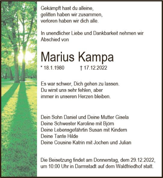Traueranzeige von Marius Kampa von vrm-trauer Darmstädter Echo