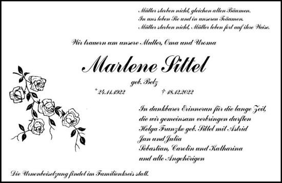 Traueranzeige von Marlene Sittel von vrm-trauer Wormser Zeitung