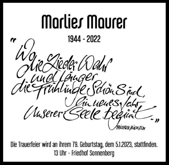 Traueranzeige von Marlies Maurer von vrm-trauer Wiesbadener Kurier