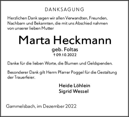 Traueranzeige von Marta Heckmann von vrm-trauer Odenwälder Echo