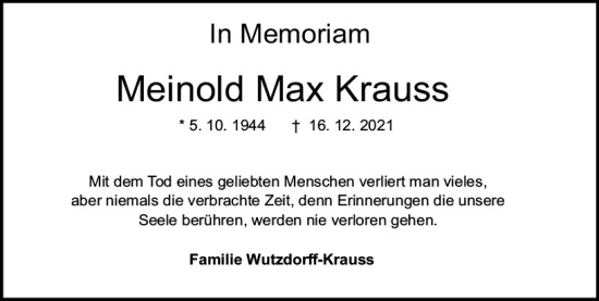 Traueranzeige von Meinold Max Krauss von vrm-trauer Darmstädter Echo