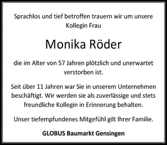 Traueranzeige von Monika Röder von vrm-trauer Allg. Zeitung Bad Kreuznach