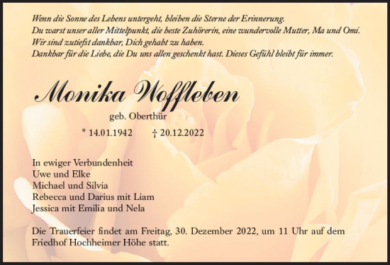Traueranzeige von Monika Woffleben von vrm-trauer Wormser Zeitung