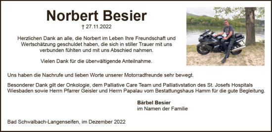 Traueranzeige von Norbert Besier von vrm-trauer WK-UTA