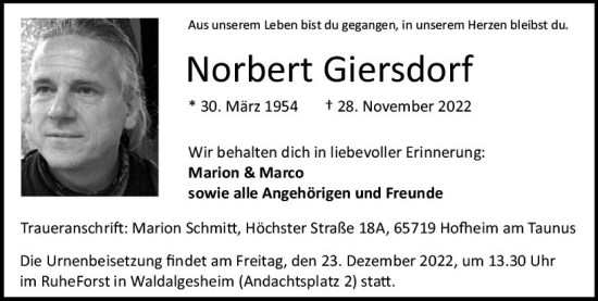 Traueranzeige von Norbert Giersdorf von vrm-trauer Allgemeine  Zeitung Ingelheim-Bingen