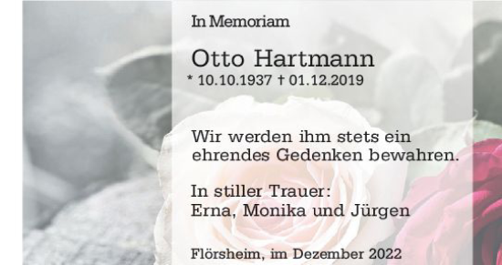 Traueranzeige von Otto Hartmann von vrm-trauer Rüsselsheimer Echo / MainSpitze