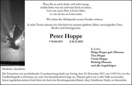 Traueranzeige von Peter Hoppe von vrm-trauer Allgemeine Zeitung Alzey