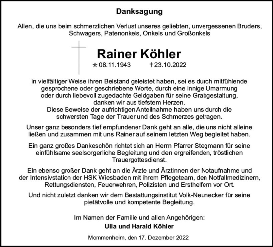 Traueranzeige von Rainer Köhler von vrm-trauer AZ Mainz