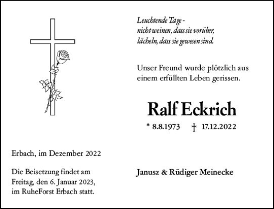 Traueranzeige von Ralf Eckrich von vrm-trauer Odenwälder Echo