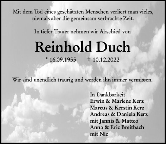 Traueranzeige von Reinhold Duch von vrm-trauer AZ Mainz
