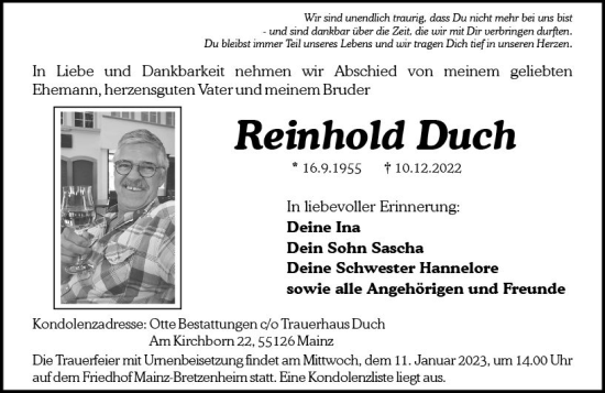 Traueranzeige von Reinhold Duch von vrm-trauer AZ Mainz