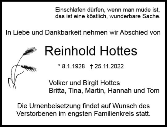 Traueranzeige von Reinhold Hottes von vrm-trauer DieburgerAnzeiger/Groß-Zimmerner Lokala