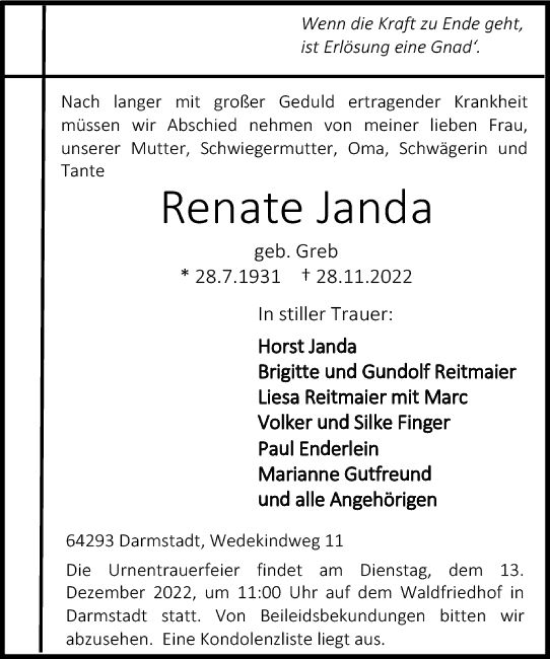 Traueranzeige von Renate Janda von vrm-trauer Darmstädter Echo
