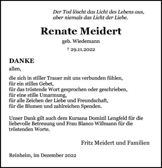 Traueranzeige von Renate Meidert von vrm-trauer Darmstädter Echo