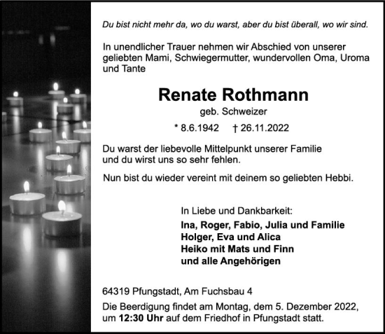Traueranzeige von Renate Rothmann von vrm-trauer Darmstädter Echo