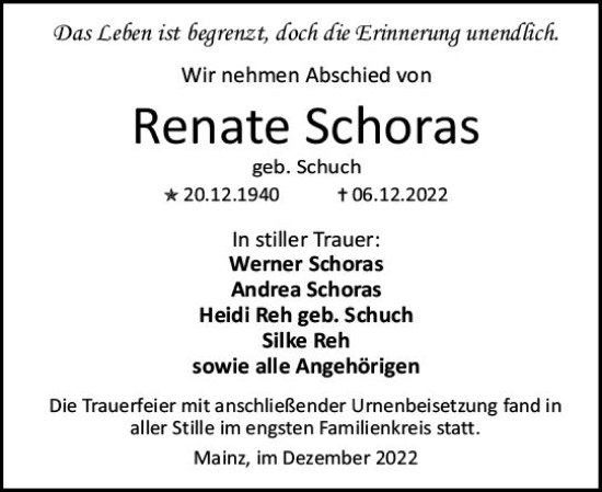 Traueranzeige von Renate Schoras von vrm-trauer AZ Mainz