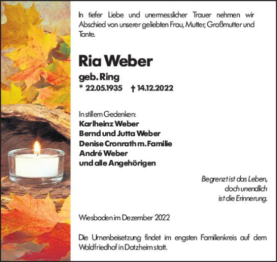 Traueranzeige von Rio Weber von vrm-trauer Wiesbadener Kurier