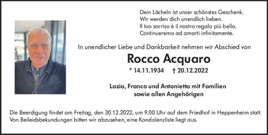Traueranzeige von Rocco Acquaro von vrm-trauer Bürstädter/Lamperth. Ztg/Starkenburger