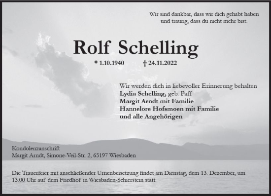 Traueranzeige von Rolf Schelling von vrm-trauer Wiesbadener Kurier