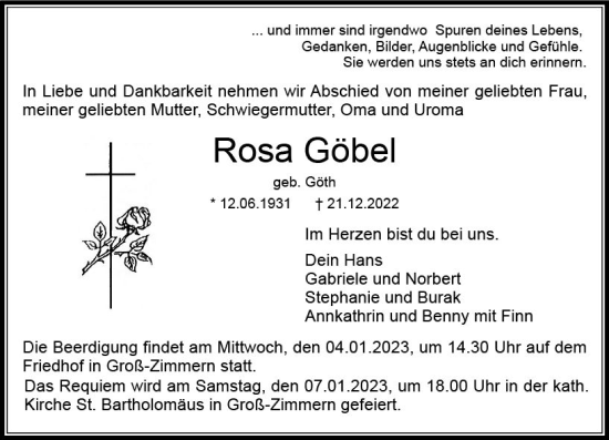 Traueranzeige von Rosa Göbel von vrm-trauer DieburgerAnzeiger/Groß-Zimmerner Lokala