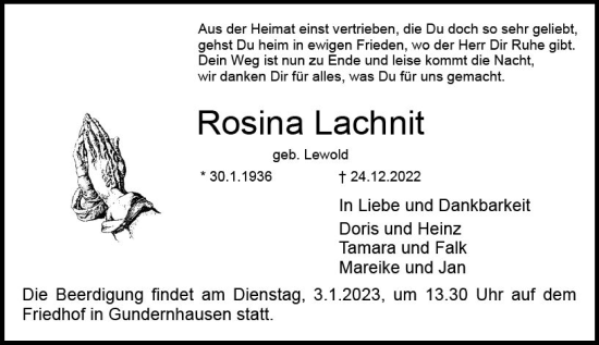 Traueranzeige von Rosina Lachnit von vrm-trauer Darmstädter Echo