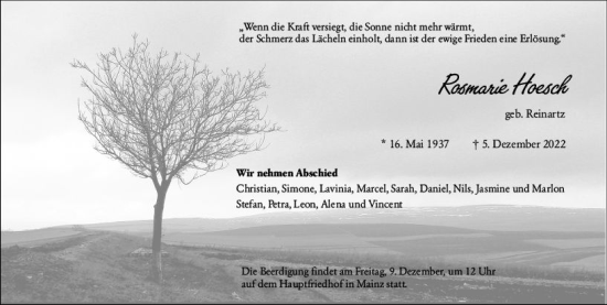 Traueranzeige von Rosmarie Hoesch von vrm-trauer AZ Mainz