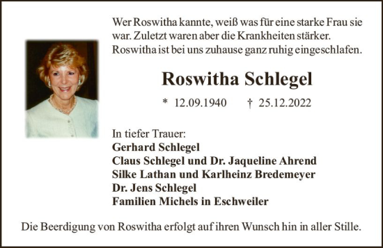 Traueranzeige von Roswitha Schlegel von vrm-trauer Rüsselsheimer Echo / MainSpitze