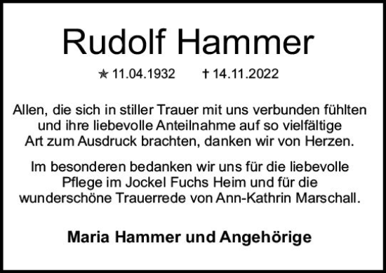 Traueranzeige von Rudolf Hammer von vrm-trauer AZ Mainz