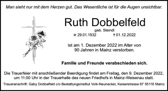 Traueranzeige von Ruth Dobbelfeld von vrm-trauer AZ Mainz