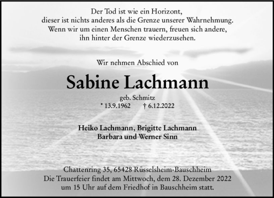Traueranzeige von Sabine Lachmann von vrm-trauer Rüsselsheimer Echo / MainSpitze