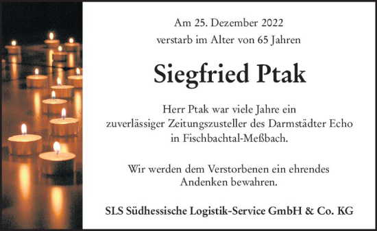 Traueranzeige von Siegfried Ptak von vrm-trauer Darmstädter Echo