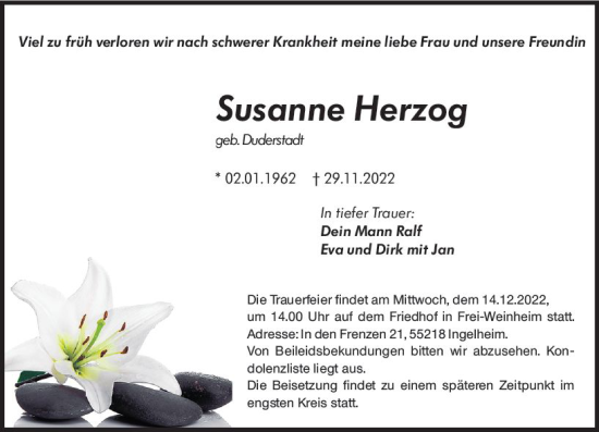 Traueranzeige von Susanne Herzog von vrm-trauer Allgemeine  Zeitung Ingelheim-Bingen