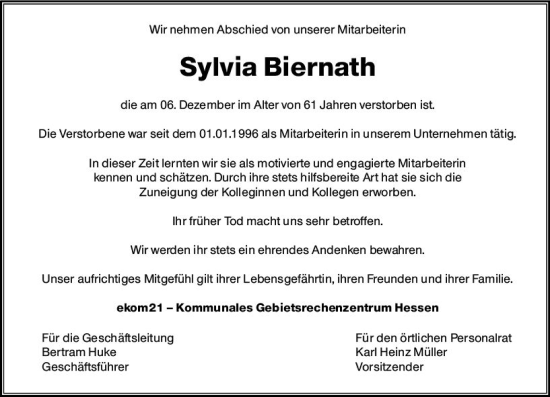 Traueranzeige von Sylvia Biernath von vrm-trauer Darmstädter Echo