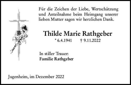 Traueranzeige von Thilde Marie Rathgeber von vrm-trauer Darmstädter Echo