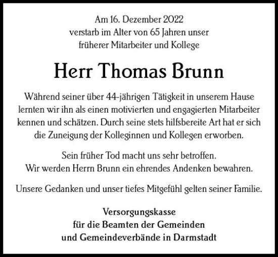 Traueranzeige von Thomas Brunn von vrm-trauer Darmstädter Echo