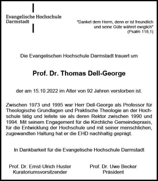 Traueranzeige von Thomas Dell-George von vrm-trauer DieburgerAnzeiger/Groß-Zimmerner Lokala