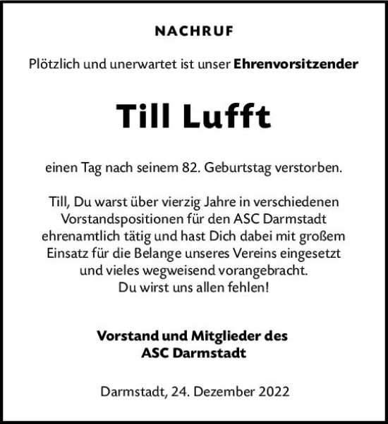 Traueranzeige von Till Lufft von vrm-trauer Darmstädter Echo