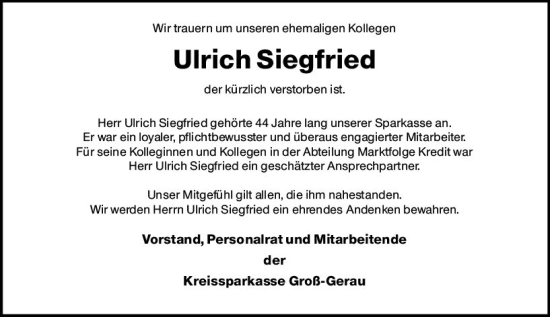 Traueranzeige von Ulrich Siegfried von vrm-trauer Rüsselsheimer Echo / MainSpitze