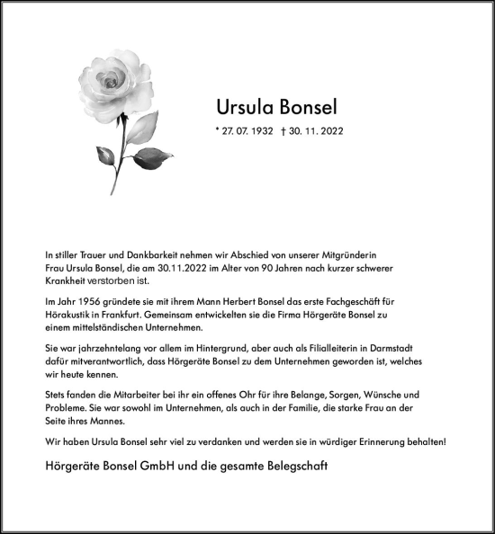 Traueranzeige von Ursula Bonsel von vrm-trauer Darmstädter Echo
