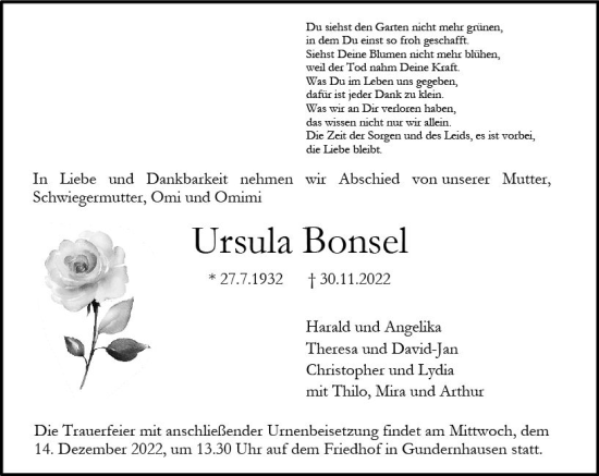 Traueranzeige von Ursula Bonsel von vrm-trauer Darmstädter Echo