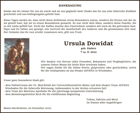 Traueranzeige von Ursula Dowidat von vrm-trauer AZ Mainz
